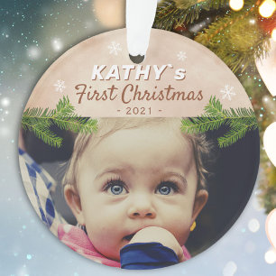 Cute Baby`s First Christmas Snowflake Pine Photo Ornament