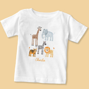 Cute Baby Safari Animal Watercolor Custom Name Baby T-Shirt