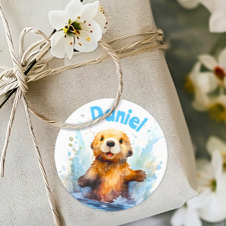 Cute Baby Sea Otter in Water Splashes Personalised Classic Round Sticker