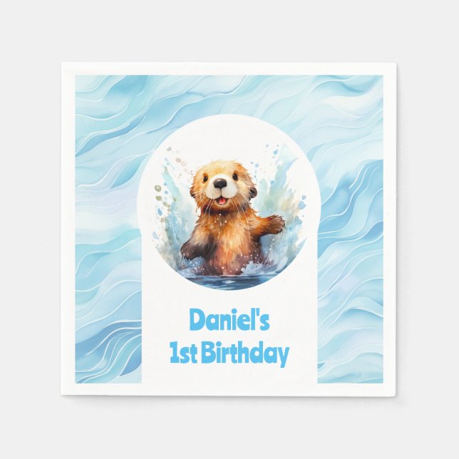 Cute Baby Sea Otter in Water Splashes Personalised Napkin (Front)