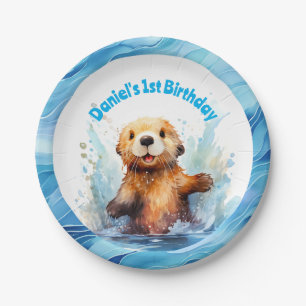 Cute Baby Sea Otter in Water Splashes Personalised Paper Plate
