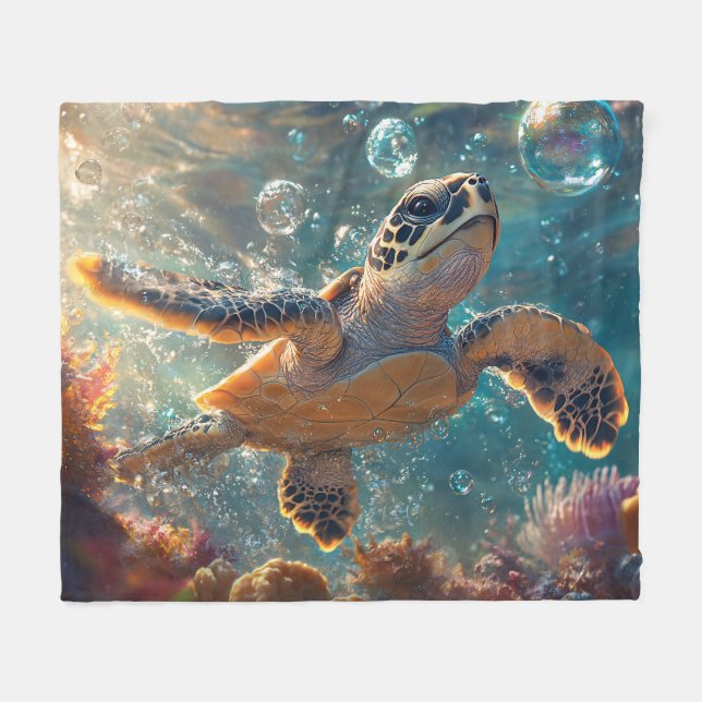 Cute Baby Sea Turtle with Bubbles Fleece Blanket (Front (Horizontal))