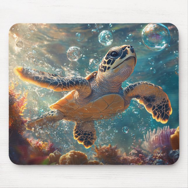 Cute Baby Sea Turtle with Bubbles Mouse Pad (Front)