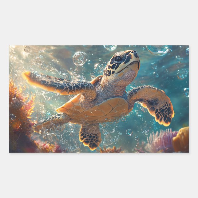 Cute Baby Sea Turtle with Bubbles Rectangular Sticker (Front)