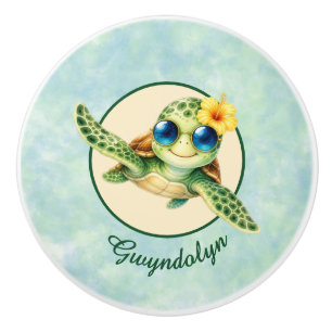 Cute Baby Sea Turtles with Tropical Flowers Ceramic Knob