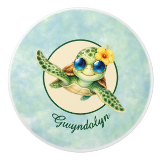 Cute Baby Sea Turtles with Tropical Flowers Ceramic Knob