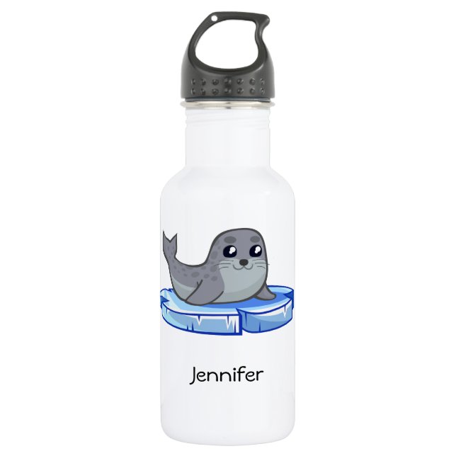 Cute baby seal cartoon name kids 532 ml water bottle (Front)
