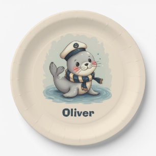 Cute Baby Seal with Sailor Hat and Scarf Paper Plate