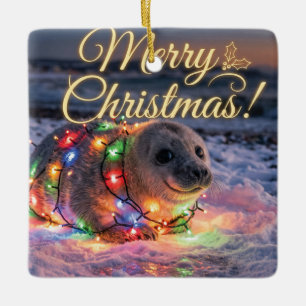 Cute Baby Seal Wrapped in Christmas Lights Ceramic Ornament