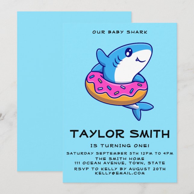 Cute Baby Shark With Doughnut Birthday Party Invit Invitation (Front/Back)