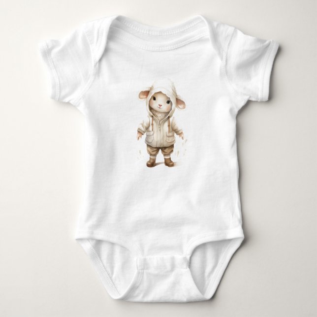 Cute Baby Sheep Lamb in Oversized Sweatshrit Baby Bodysuit (Front)