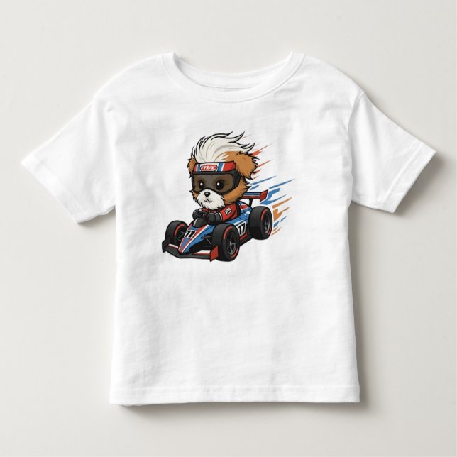 Cute Baby Shih Tzu Race Car Driver Toddler T-Shirt (Front)
