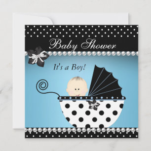 Cute Baby Shower Baby Boy Blue Black Pram Invitation