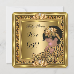 Cute Baby Shower Baby Girl Leopard Gold Frame Invitation