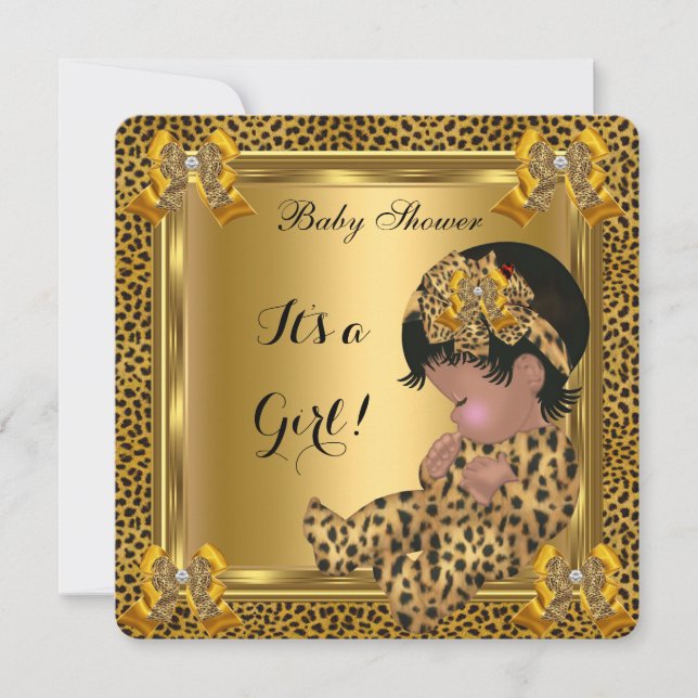Cute Baby Shower Baby Girl Leopard Gold Invitation (Front)
