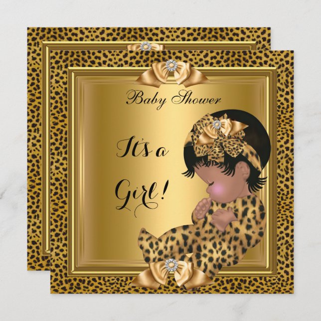 Cute Baby Shower Baby Girl Leopard Gold Invitation (Front/Back)