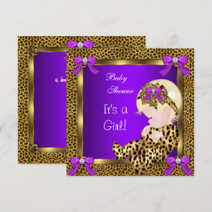 Cute Baby Shower Baby Girl Leopard Purple Gold 3 Invitation