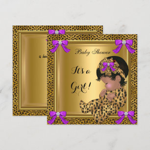 Cute Baby Shower Baby Girl Leopard Purple Gold 4 Invitation