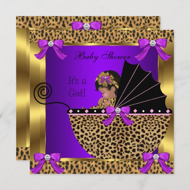 Cute Baby Shower Baby Girl Leopard Purple Gold Invitation (Front/Back)