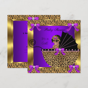 Cute Baby Shower Baby Girl Leopard Purple Gold Invitation