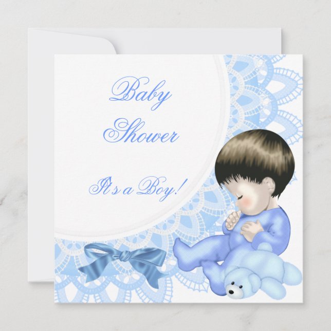 Cute Baby Shower Boy Baby Blue White Invitation (Front)