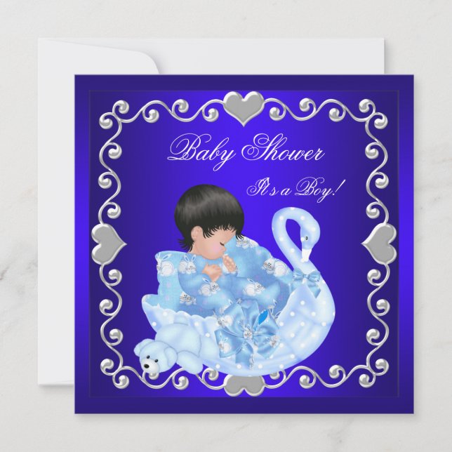 Cute Baby Shower Boy Baby royal Blue Swan Invitation (Front)