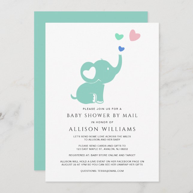 Cute Baby Shower By Mail Mint Green Elephant Heart Invitation (Front/Back)