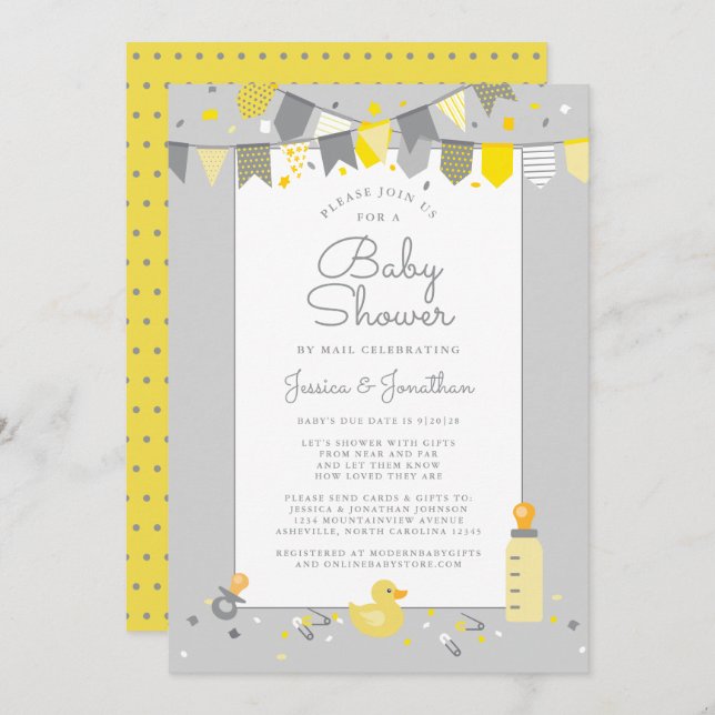 Cute Baby Shower By Mail Yellow Grey Modern Invitation (Front/Back)