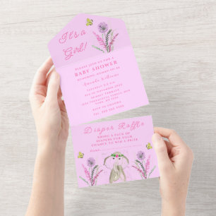 Cute Baby Shower Elephant It's a Girl Floral Pink  All In One Invitation