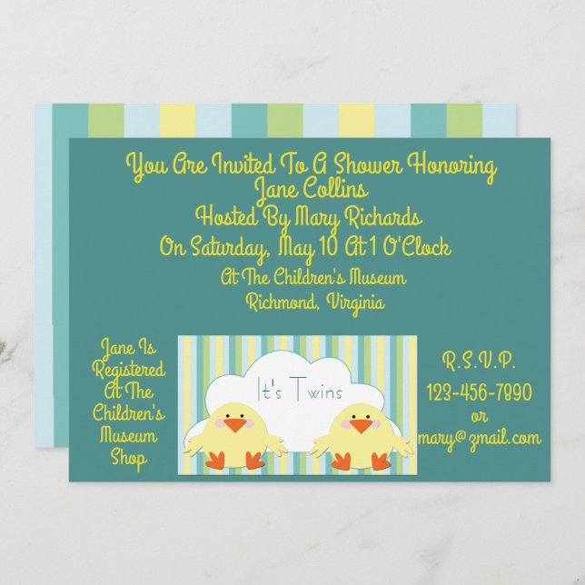 Cute Baby Shower For Twins Invitation w/Chicks (Front/Back)