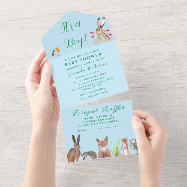 Cute Baby Shower Fox Hare It's a Boy Floral  All In One Invitation (Tearaway)