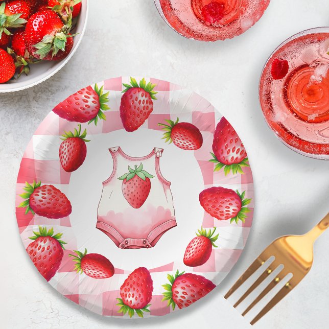 Cute Baby Shower Gingham Strawberry Picnic Retro Paper Plate (strawberry gingham baby shower cute sweet berry pink red picnic farmhouse country chic mum mom to be)