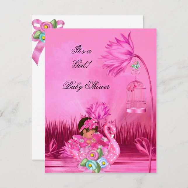 Cute Baby Shower Girl Baby Hot Pink Swan Magical Invitation (Front/Back)