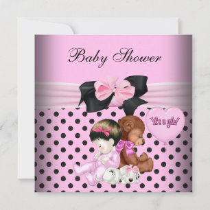 Cute Baby Shower Girl Baby Pink Black Polka Dots Invitation