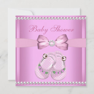 Cute Baby Shower Girl Baby Pink Booties Pearl Invitation