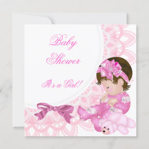 Cute Baby Shower Girl Baby Pink White Invitation