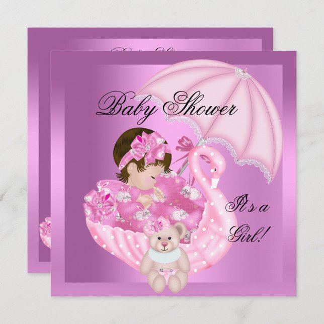 Cute Baby Shower Girl Baby Pink White Swan Invitation (Front/Back)