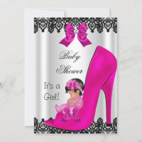 Cute Baby Shower Girl Hot Pink Shoe Black Lace