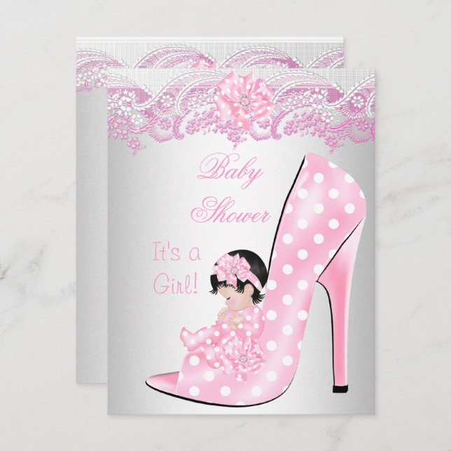 Cute Baby Shower Girl Pink Baby Shoe Lace Invitation (Front/Back)