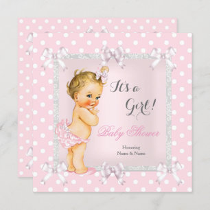 Cute Baby Shower Girl Pink Grey Blonde Invitation