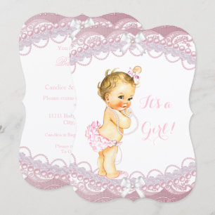 Cute Baby Shower Girl Pink Pearls Lace Blonde Invitation