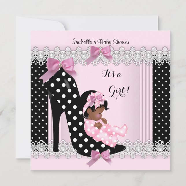 Cute Baby Shower Girl Pink Polka Dots High Heel 6 Invitation (Front)