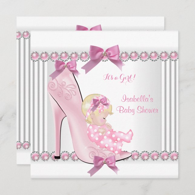 Cute Baby Shower Girl Pink Polka Dots High Heel C3 Invitation (Front/Back)
