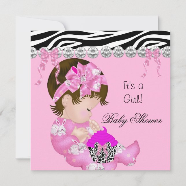 Cute Baby Shower Girl Pink Zebra cupcake 3 Invitation (Front)
