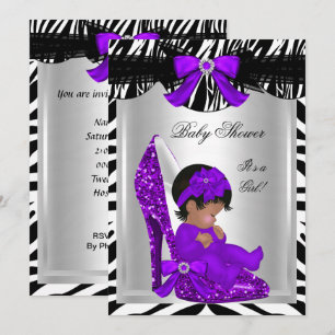 Cute Baby Shower Girl Zebra Purple Baby Shoe 2 Invitation