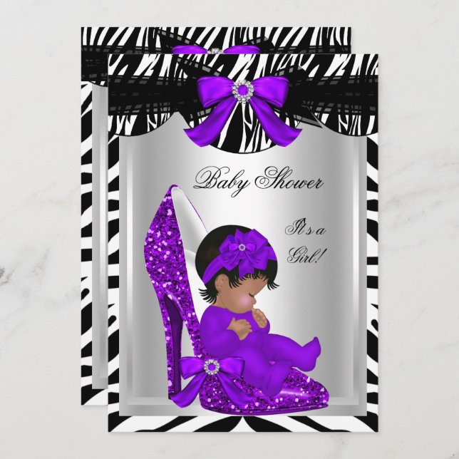 Cute Baby Shower Girl Zebra Purple Baby Shoe 2 Invitation (Front/Back)