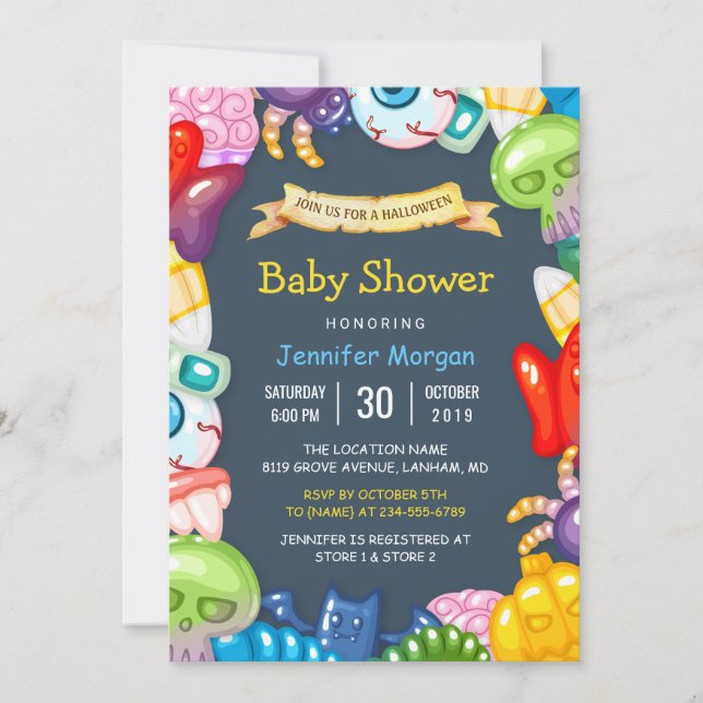 Cute Baby Shower Halloween Monsters Theme Invitation (Front)
