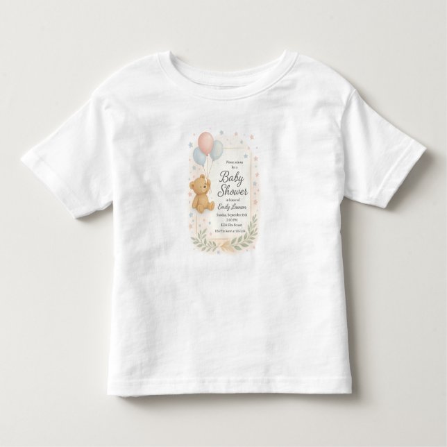 Cute Baby Shower Invitation – Teddy Bear & Balloon Toddler T-Shirt (Front)