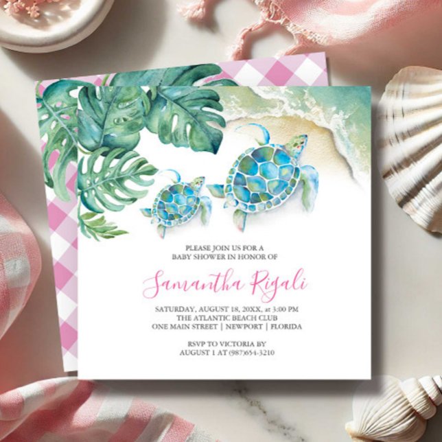 Cute Baby Shower Invitations Tropical Watercolor (Girl baby shower invitations for sip and see features tropical sea turtle art Victoria Grigaliunas)
