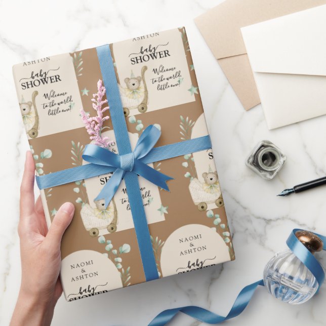 Cute Baby Shower Personalised Brown Background Wrapping Paper (Gifting)
